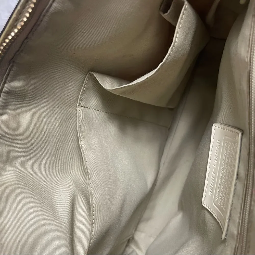 Coach satin scarf print 1941 beige ,khaki,peach & mint green color small tote. - Picture 8 of 16